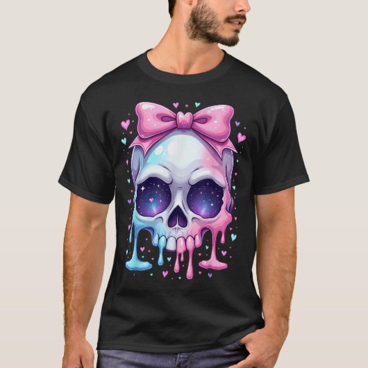 Kawaii Pastel Goth Creepy Bowtie Girl Skull Hallow T-shirt (Voorkant)