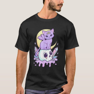 Kawaii Pastel Goth Cute Scary Witchy Cat and Skull T-shirt