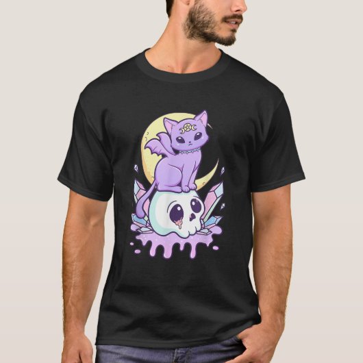Kawaii Pastel Goth Cute Scary Witchy Cat and Skull T-shirt (Voorkant)