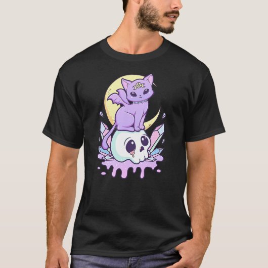 Kawaii Pastel Goth Cute Scary Witchy Cat and Skull T-shirt (Voorkant)