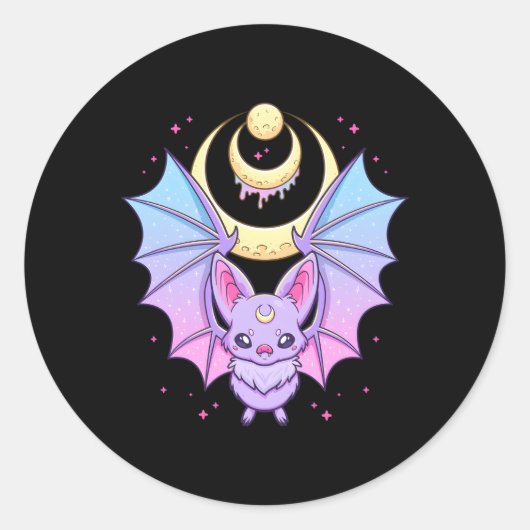 Kawaii Pastel Gothic Creepy Crescent Moon Bat Ronde Sticker (Voorkant)