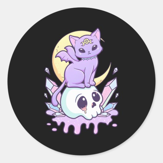 Kawaii Pastel Gothic Creepy Witchy Cat and Skull Ronde Sticker (Voorkant)