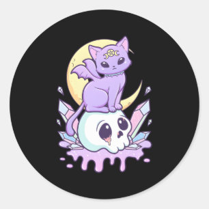 Kawaii Pastel Gothic Creepy Witchy Cat and Skull Ronde Sticker