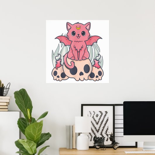 Kawaii Pastel Gothic Cute Creepy Demon Cat and Sku Poster (Thuiskantoor)