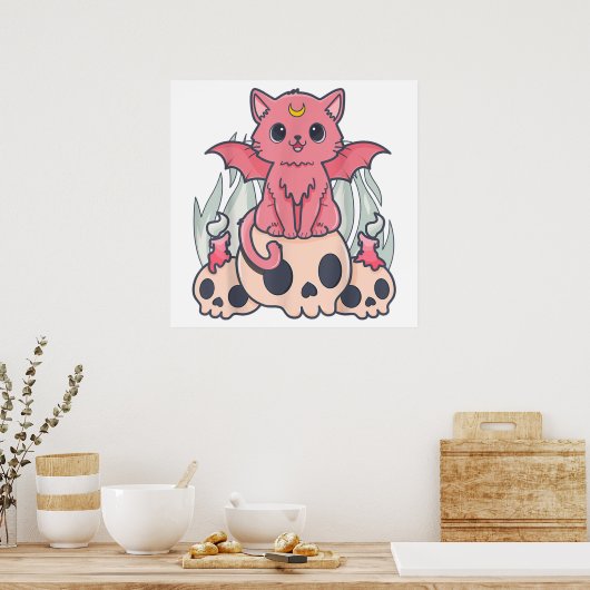 Kawaii Pastel Gothic Cute Creepy Demon Cat and Sku Poster (Keuken)