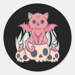 Kawaii Pastel Gothic Cute Creepy Demon Cat and Sku Ronde Sticker