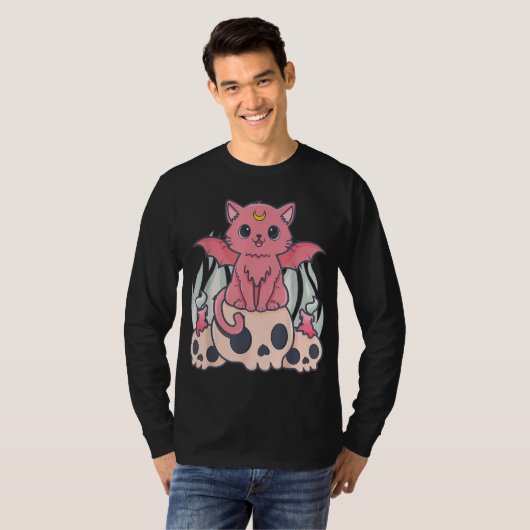 Kawaii Pastel Gothic Cute Creepy Demon Cat and Sku T-shirt (Voorkant volledig)