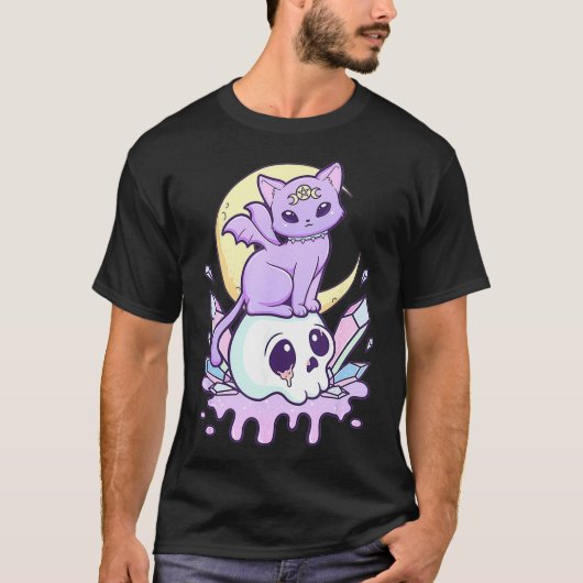 Kawaii Pastel Gothic Cute Creepy Witchy Cat and Sk T-shirt (Voorkant)
