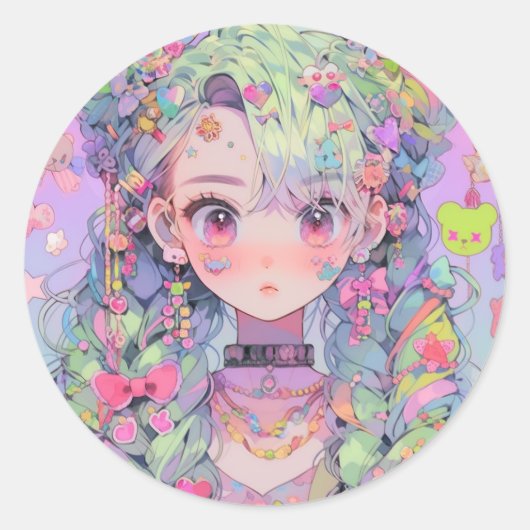 Kawaii pastel harajuku anime meisje met vlechten ronde sticker (Voorkant)