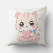 Kawaii Pastel Kat Roze Hart Buitenkussen