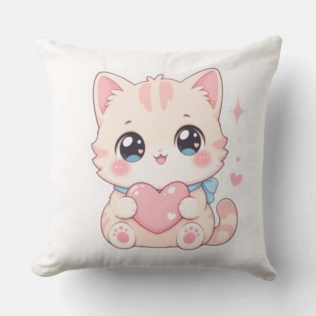 Kawaii Pastel Kat Roze Hart Buitenkussen (Voorkant)