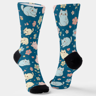 Kawaii Pastel Katten en Bloemen Patroon Sokken