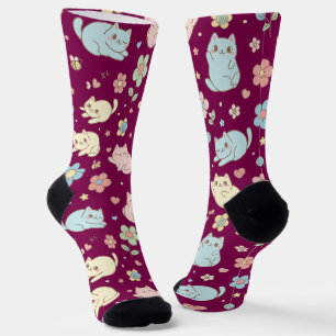 Kawaii Pastel Katten en Bloemen Patroon Sokken