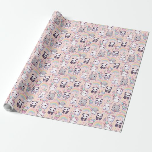 Kawaii Pastel Katten en Bunnies Behang Cadeaupapier (Uitgerold)