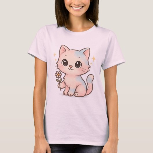 Kawaii Pastel Kattenbloem Shirt Schattige Kat T-sh (Voorkant)
