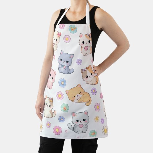 Kawaii Pastel Kitten and Floral Pattern Apron Schort (Insitu)