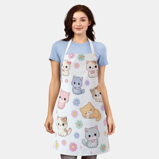 Kawaii Pastel Kitten and Floral Pattern Apron Schort (Gedragen)
