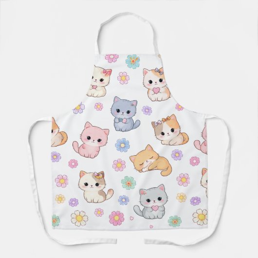 Kawaii Pastel Kitten and Floral Pattern Apron Schort (Voorkant)