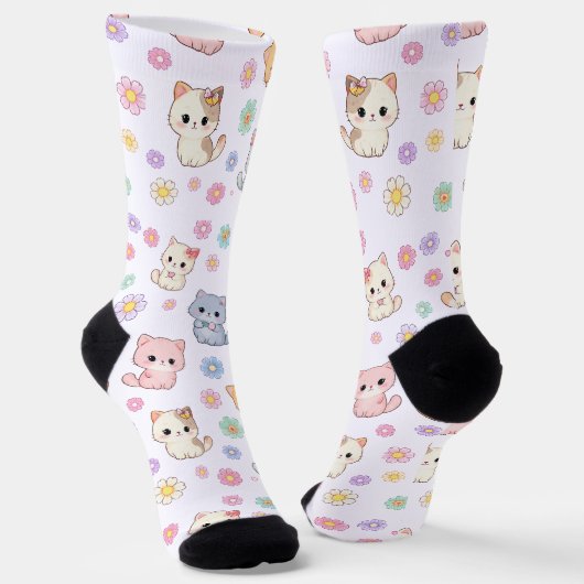 Kawaii Pastel Kittens en Bloemen Sokken (Gebogen)