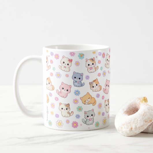Kawaii Pastel Kittens en Bloemenpatroon Mok (Met donut)