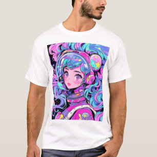 Kawaii Pastel Roze en Blauwe Ruimte Anime Meisje T-shirt
