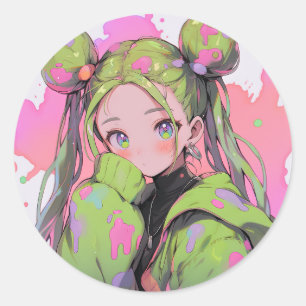 Kawaii Pastel Splatter Anime Girl Ronde Sticker