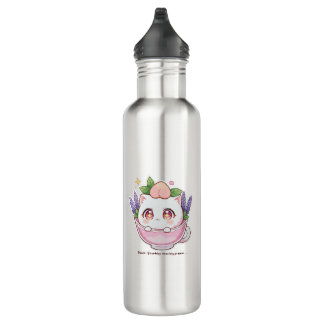 Kawaii Peach Cat in een lavendel theekopje waterfl Waterfles