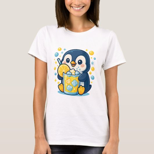 Kawaii Pinguïn met limonade – Schattigee zomerijs T-shirt (Voorkant)