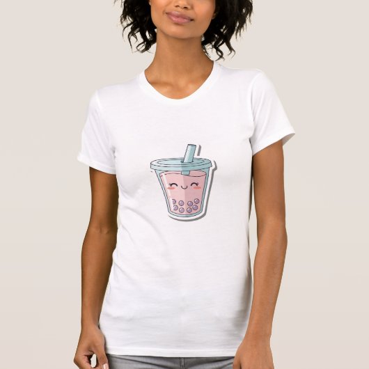 Kawaii Pink Boba Tea T-Shirt | Cute Smiling Bubble (Voorkant)