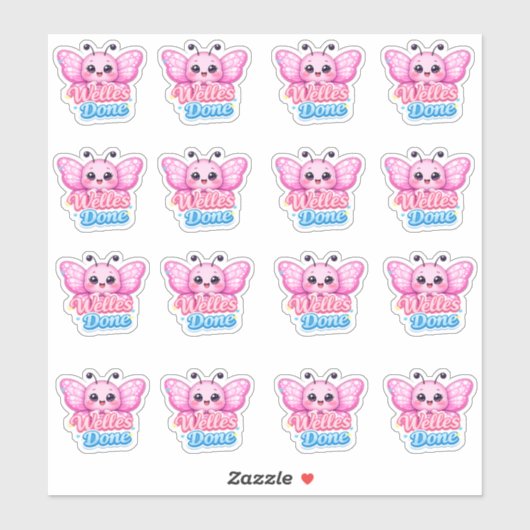 Kawaii Pink Butterfly Well Done Student Reward  Sticker (Vel)