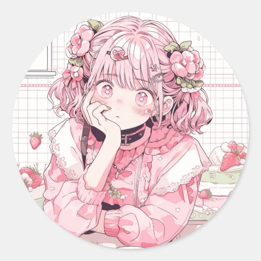 Kawaii Pink Cafe Anime Girl Ronde Sticker (Voorkant)