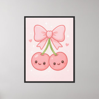 ✨ Kawaii Pink Cherry Bow Wall Art - Schattigee est Canvas Afdruk