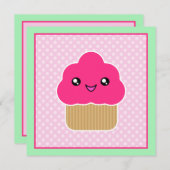 Kawaii Pink Cupcake Birthday Party Kaart (Voorkant / Achterkant)