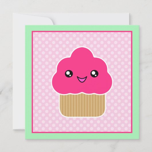 Kawaii Pink Cupcake Birthday Party Kaart (Voorkant)