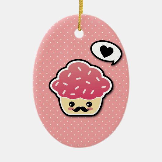 Kawaii Pink Cupcake met een Mustache Keramisch Ornament (Voorkant)