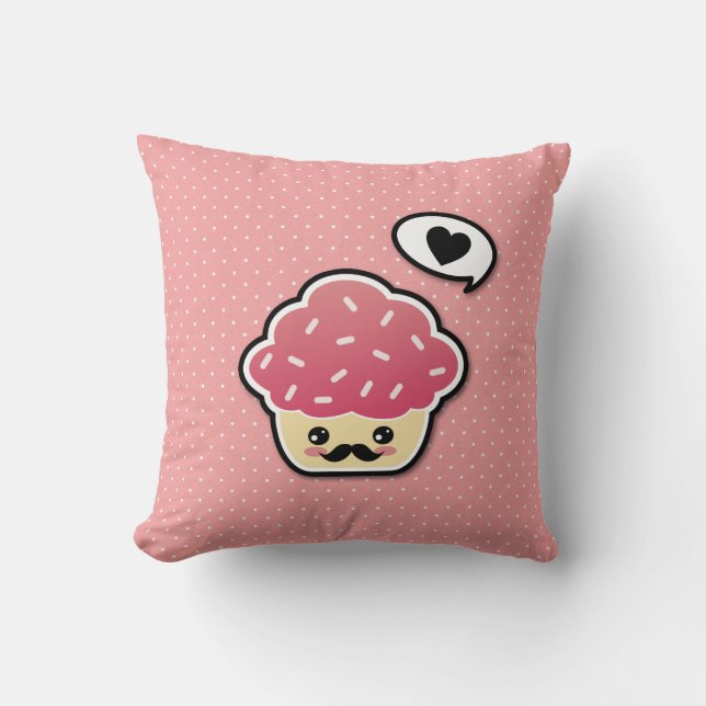 Kawaii Pink Cupcake met een Mustache Kussen (Voorkant)