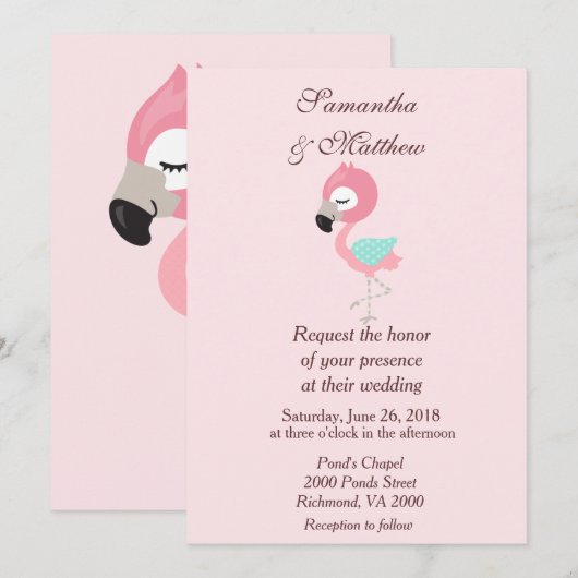 Kawaii Pink Flamingo Wedding Kaart (Voorkant / Achterkant)