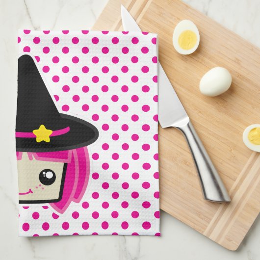 Kawaii Pink Haire Witch Kitchen Towel Theedoek (Quarter Fold)