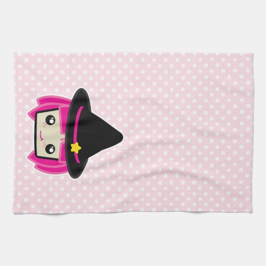 Kawaii Pink Haire Witch Kitchen Towel Theedoek (Horizontaal)