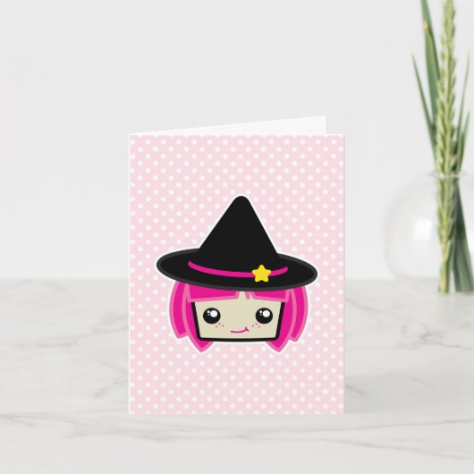 Kawaii Pink Haire Witch Note Card Kaart (Voorkant)