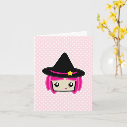 Kawaii Pink Haire Witch Note Card Kaart (Gele Bloem)