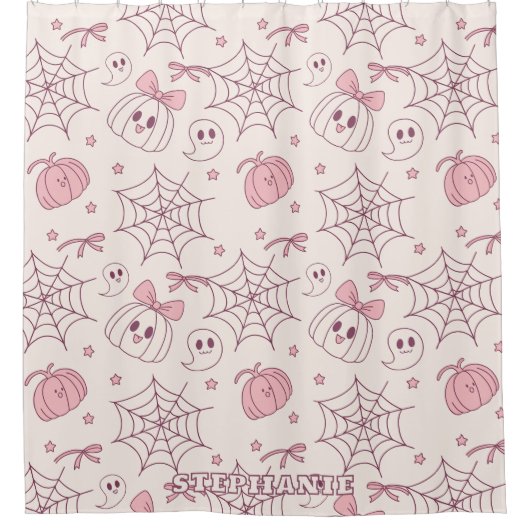 Kawaii Pink Halloween Ghosts & Pumpkin (2) Douchegordijn (Voorkant)