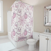 Kawaii Pink Halloween Ghosts & Pumpkin Douchegordijn (In situ)