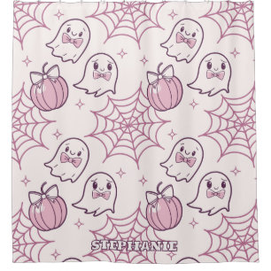 Kawaii Pink Halloween Ghosts & Pumpkin Douchegordijn