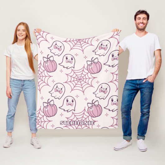 Kawaii Pink Halloween Ghosts & Pumpkin Fleece Deken (In situ)