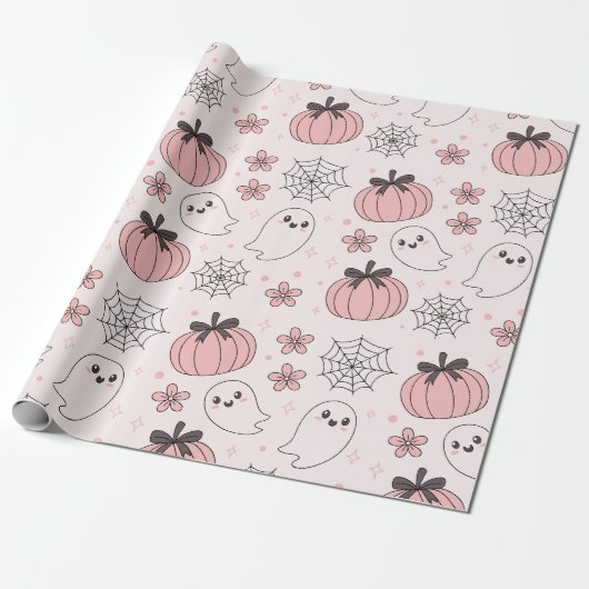 Kawaii Pink Halloween Ghosts & Pumpkins Cadeaupapier (Uitgerold)