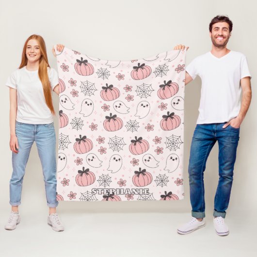 Kawaii Pink Halloween Ghosts & Pumpkins Fleece Deken (In situ)