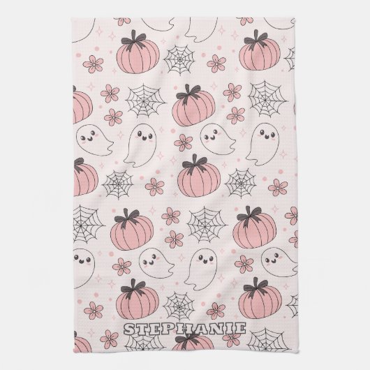 Kawaii Pink Halloween Ghosts & Pumpkins Theedoek (Verticaal)