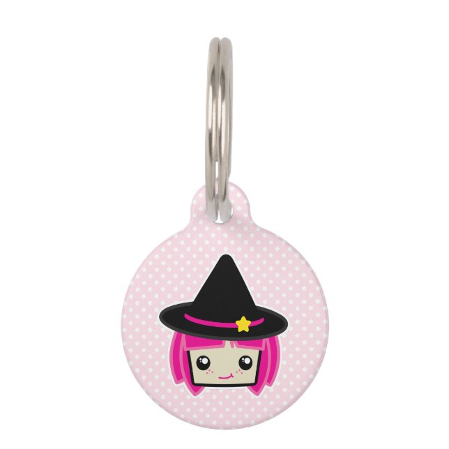 Kawaii Pink Hazard Witch Dog Label Huisdierpenning (Voorkant)