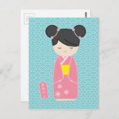 Kawaii Pink Kokeshi Briefkaart (Voorkant / Achterkant)